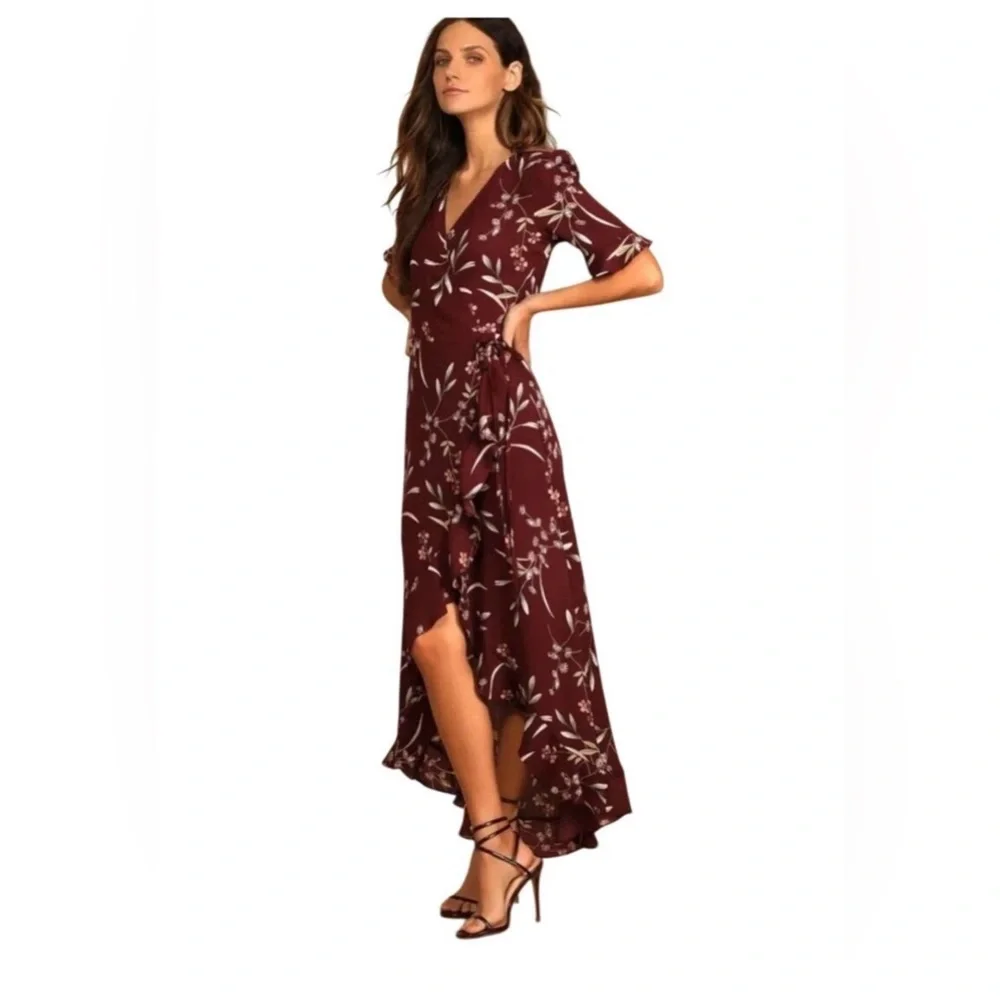 Lulus Wild Winds Burgundy Floral Print High-Low Wrap Dress - Picture 2 of 10